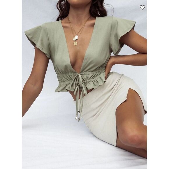 princess polly jamison reid crop top khaki green tie front plunge neck ruffle 8 - Picture 2 of 10
